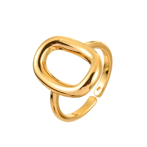Minimalist hollow geometric gold ring with adjustable open band on a white background