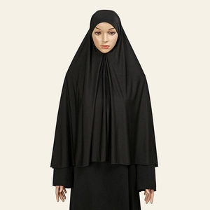 Detail showing the drape of black 40D crystal linen hijab on a mannequin
