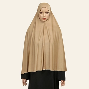 Front view of a long khaki pull-on khimar hijab made of 40D crystal linen fabric