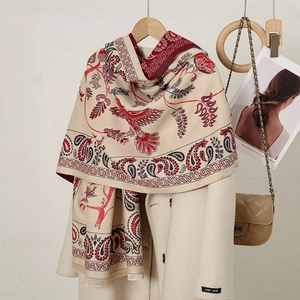Ethnic bohemian cashmere shawl with paisley patterns and red bird print and tassels