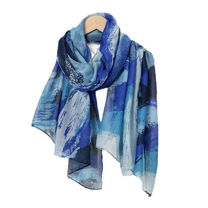 Lightweight blue printed shawl for women featuring abstract artistic watercolor patterns
