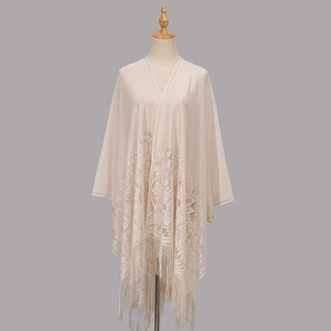 Elegant beige floral lace shawl with long fringes for women, versatile hollow out design