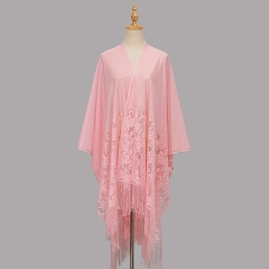 Elegant pink lace embroidered shawl with tassels for women, featuring floral patterns