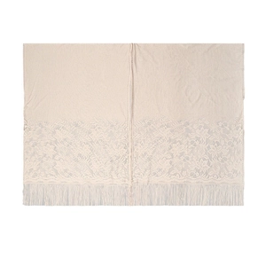 Elegant beige lace shawl with hollow floral patterns and long fringe trim for women