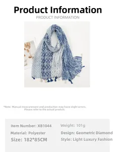 Detail of blue and white geometric pattern on polyester scarf with white fringe tassels