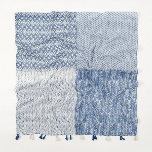 Blue and white geometric pattern shawl with fringe trim and feather prints for women