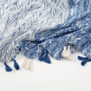 Blue and white cotton linen scarf with geometric feather prints and fringe tassels