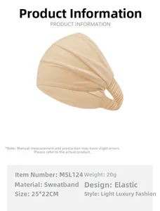 Detailed sizing chart of solid beige mercerized cotton headband with elastic design