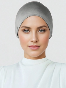 Close-up of grey mercerized cotton hijab cap showing fine knit texture and seamless fit