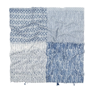 Bohemian cotton linen scarf with blue and white geometric patterns and tassel trim