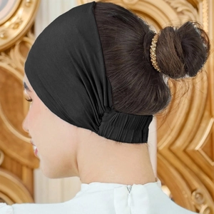 Black mercerized cotton inner hijab cap with elastic back for secure bun storage