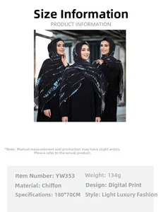 Digital print chiffon hijab shawl specifications showing 180x70cm size and 134g weight