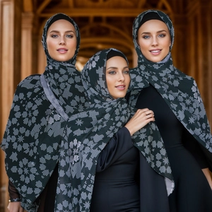 Ethnic digital print chiffon hijab with white geometric floral pattern on black base