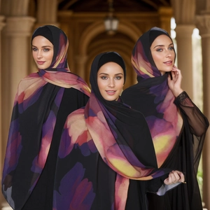 Women Ethnic Digital Print Chiffon Hijab Scarf Lightweight Breathable Long Headwrap Daily Travel Elegant Abstract Scarf