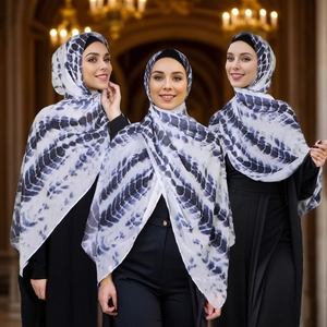 Elegant white and blue tie-dye chiffon hijab for women with modern ethnic pattern