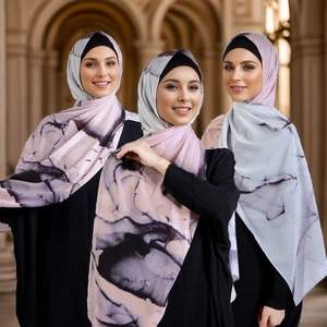 Muslim hijab scarf with elegant pink and gray marble print on lightweight chiffon fabric