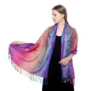 Scialle sfumato arcobaleno con jacquard floreale e bordi a frange da donna