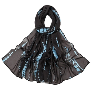 Ethnic chiffon long scarf in black with light blue abstract geometric digital prints