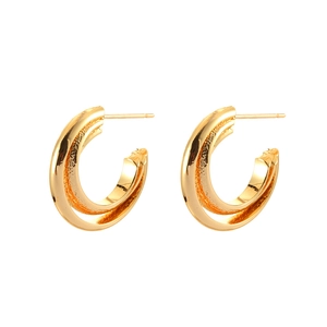 Elegant gold double-layered C-shaped stud earrings with polished and frosted finishes