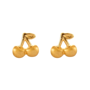 Minimalist golden cherry stud earrings with brushed finish on white background