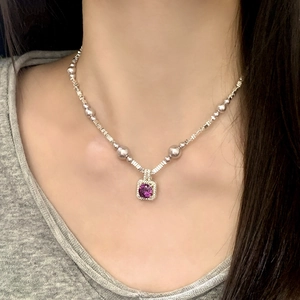 Elegant silver necklace with square pavé frame and round purple gemstone pendant for women