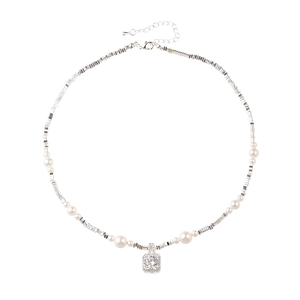 Elegant silver pearl necklace featuring a square zircon pendant in a classic halo setting