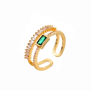 Double-layer gold plated adjustable ring with green gemstone and white cubic zirconia