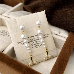 Fishtail Artificial Pearl Long Tassel Drop Earrings With Copper Earring Post Elegant Gold Color Jewelry For Women