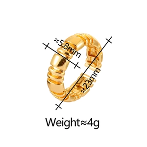 Detailed view showing a 5.8mm wide gold ribbed open ring with weight and size dimensions