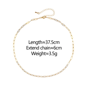 Detail view of gold paperclip chain necklace with length 37.5cm and 6cm extender specs