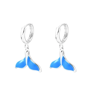 Elegant fishtail drop earrings in silver metal with light blue oil drip finish for women