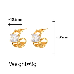 Detailed view of gold Cuban link earrings with rectangular zircon and size markings