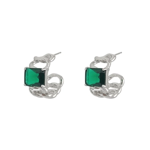 Square emerald green zircon earrings with silver chain texture metal settings