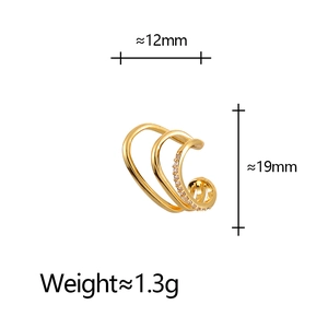 Three-row golden ear cuff with white zircon inlay showing dimensions of 12mm by 19mm