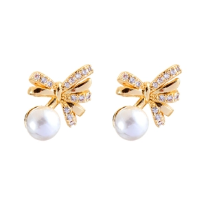 Elegant gold bow earrings with shimmering zircon pavé and lustrous white pearls for women