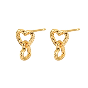 Golden interlocking heart stud earrings with hammered texture minimalist design for women