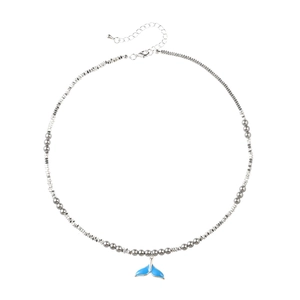 Elegant beaded necklace with light blue enamel fish tail pendant and adjustable chain