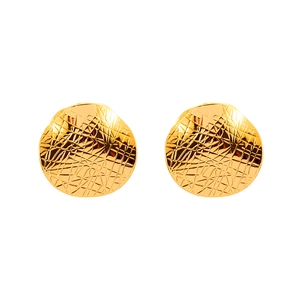 Golden round stud earrings with unique cross texture and vintage crinkled leather effect