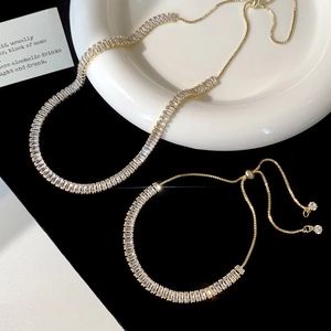 Elegant gold zircon necklace and bracelet set with adjustable drawstring closure