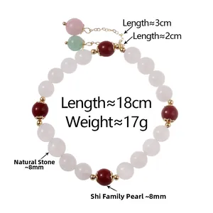 Detail of red natural stones and crystal pearls on a 18cm adjustable beaded bracelet