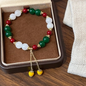 Bracciale Di Perline Di Calcedonio Verde Naturale Placcato Oro 14K Agata Multicolore Retro Elegante Gioielli Donna