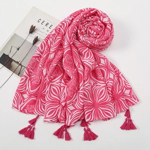 Ethnic floral printed rose red and white shawl scarf with tassels for sun protection