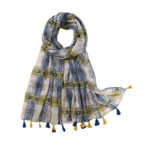Ethnic bohemian scarf with geometric diamond print and colorful tassel trim fringe