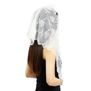 Floral Lace Triangle Scarf Mantilla Veil With Scalloped Edges Vintage Embroidery Mesh Headscarf For Wedding Church Women Wrap