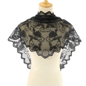 Elegant black lace wedding shawl with floral embroidery and scalloped edges for women