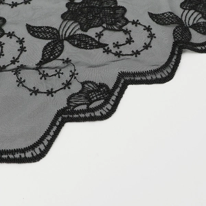 Detailed close-up of intricate black floral lace embroidery with scalloped edges