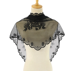 Floral Lace Embroidery Mantilla Veil Triangular Scarf With Scalloped Edge For Wedding Church Elegant Mesh Headwrap