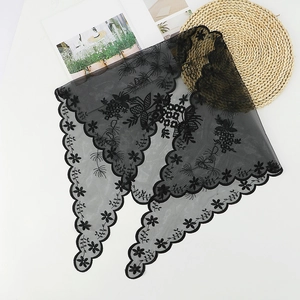 Detail showing black lace embroidery with floral patterns on breathable mesh scarf