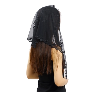 Elegant black floral embroidery lace triangle veil with delicate scalloped edges for wedding