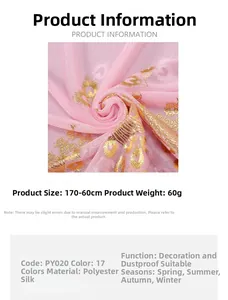 Close-up of pink chiffon scarf featuring elegant gold foil peacock feather patterns